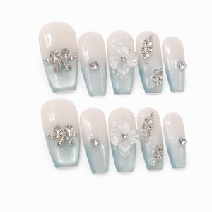 Ongles à presser effet dégradé œil de chat, transparents, avec fleurs et strass, courts, forme stiletto, extension d'ongles printemps-été - Product Image 3