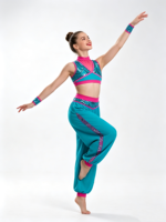 Tenue de danse à paillettes pour filles/femmes, ensemble deux pièces, haut court sans manches, pantalon harem, costume de gymnastique pour compétition sur scène