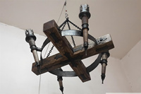 Lustre rustique de style ferme en bois massif et fer forgé, grande taille, hauteur réglable, style bougie torche vintage, suspension centrale
