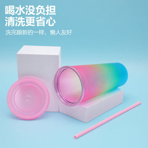 Shang Kou Ai 24oz <b>Double</b> <b>Walled</b> Plastic Cup Macaron Gradient Color Frosted Travel <b>Mug</b> Bpa Free Large Capacity Water Bottle - Product Image 5