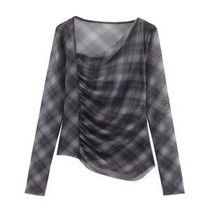 SHENZHU Wanita 2025 Mode Baru Blus Jaring Kotak-kotak Vintage Lengan Panjang Kemeja Wanita Blusas Atasan Chic - Product Image 1