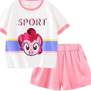 2024 New Fashion 100% cotton sport short little girls summer clothing sets for 2 to 14 years old