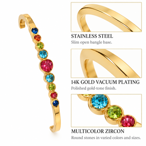 Brazalete Abierto de Zirconia Redonda Multicolor, Acero Inoxidable con Baño de Oro de 14K, Hilera de Piedras en Tono Dorado Graduado - Product Image 3