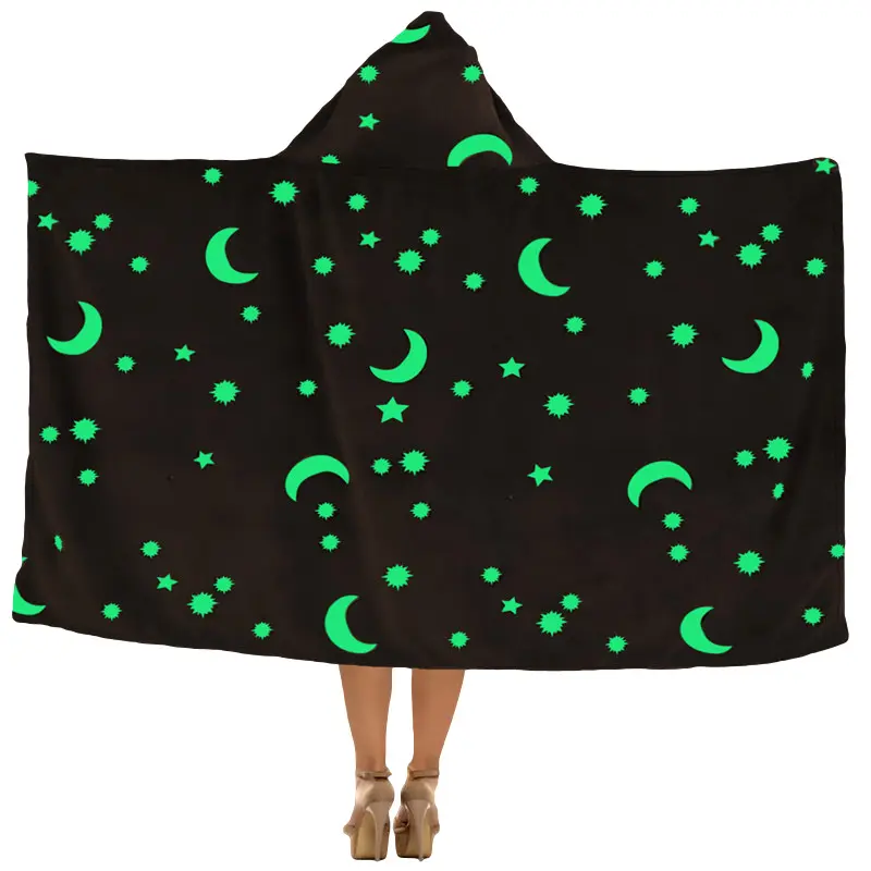 Custom Home Textile Couch Cloak Throw Cover Star Moon Glow in The Dark Hooded Coral Fleece Blanket