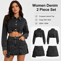 Ensemble deux pièces en jean pour femme de haute qualité : veste courte en denim extensible en coton et jupe longue unie au-dessus du genou