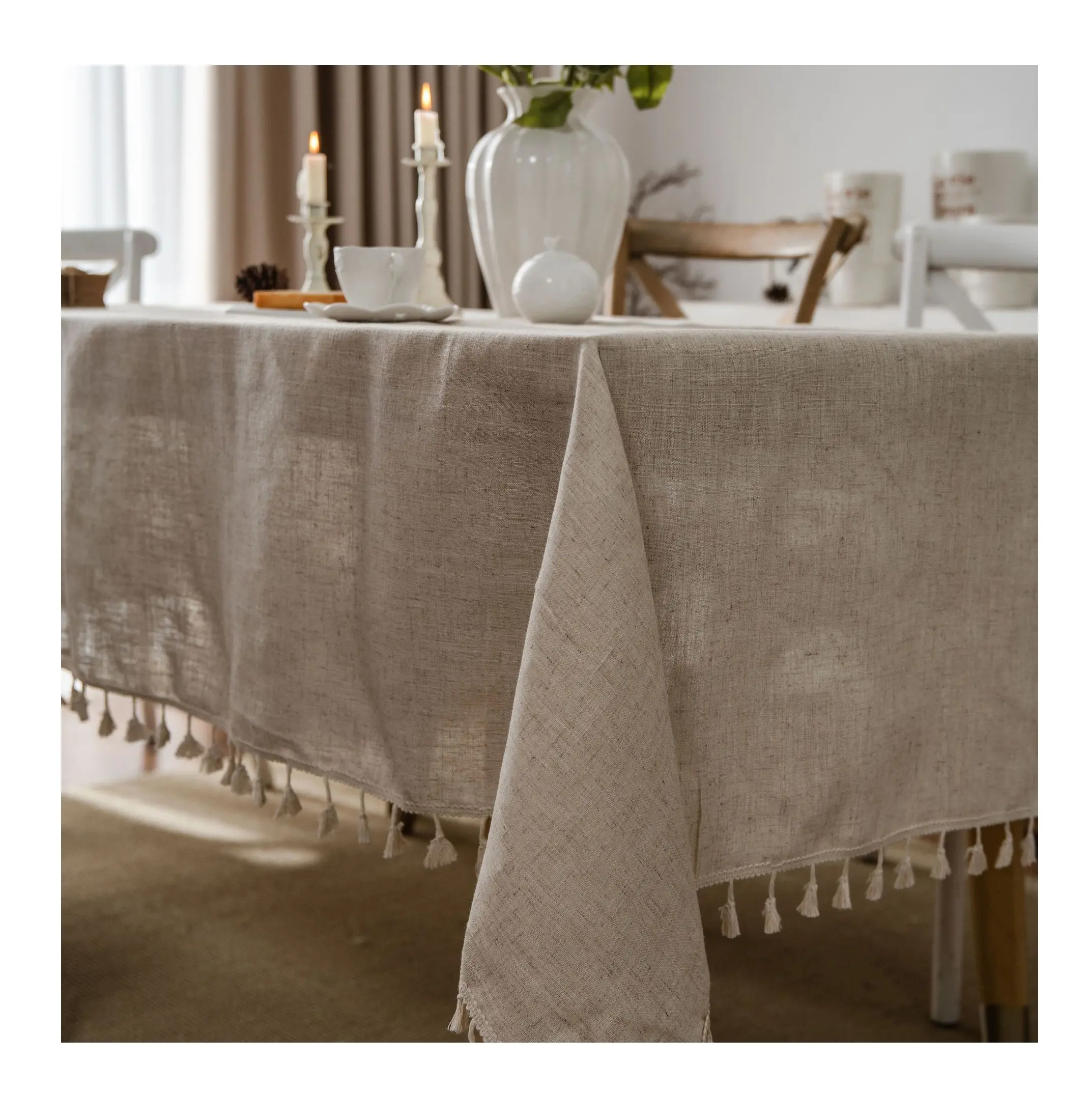 Nappe Rectangle en lin à pompon de couleur unie nordique nappe en tissu de toile de jute avec franges pour Table à manger