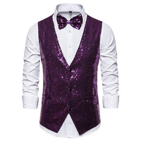 Gilet de luxe pour homme, col en V, coupe ajustée, scintillant, uni, avec nœud papillon, pour mariage, fête, cérémonie, veste sans manches