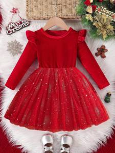 Nouvelle arrivée MS, robe de fête pour filles en sequins rouges, manches longues, pour enfants, tenue de fête d'hiver, vêtements formels - Product Image 2