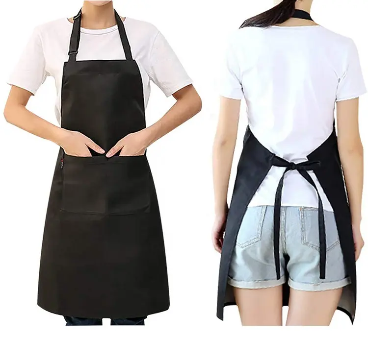 Celemek katun kualitas tinggi logo kustom dapur poliester hitam membersihkan BBQ sublimasi koki dapur memasak celemek tahan air