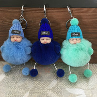 Porte-clés Pompon en Peluche Multicolore avec Logo Personnalisé, Mignon Renard en Fourrure, Poupée Bébé Dormant