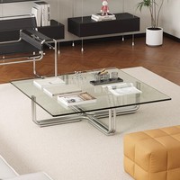 Table basse de style nordique de luxe pour appartement, base en acier inoxydable, plateau en verre carré, salon, meubles de style français