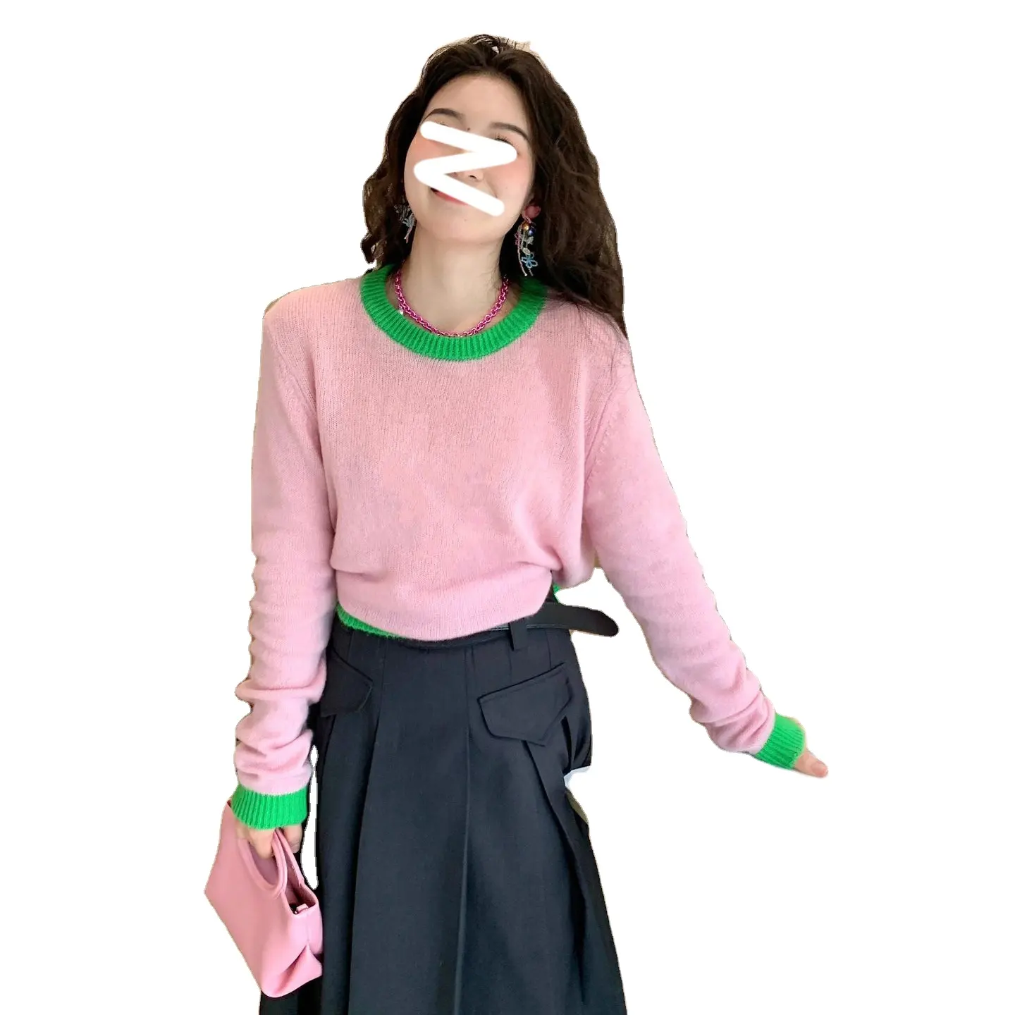 Rose vert Design chaud doux femmes pull doux cireux couleur unie haut de gamme col rond laine tricot pull pull pull
