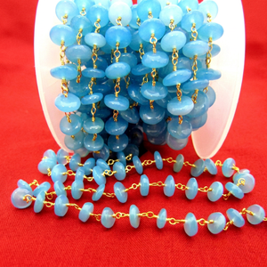 Natural Aqua Blue Chalcedony Smooth German Cut Rondelle Wire Wrapped Beaded <b>Rosary</b> Chain - Product Image 1