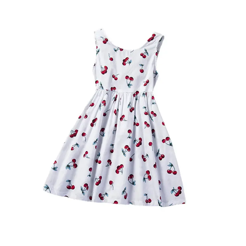 dress for girl vest style sleeveless cherry print solid backless with bow tie smocked dress girl