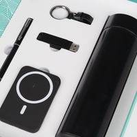 Ensemble cadeau d'affaires personnalisé le plus vendu : Carnet en PU motif feuille cyan, thermos, stylo, porte-clés, batterie externe et sac pour entreprise