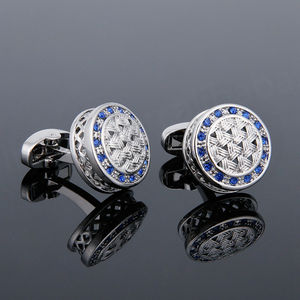 Boutons de manchette pour homme en argent avec strass bleus de luxe légers de haute qualité, best-seller - Product Image 1