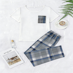 Ensembles de pyjamas décontractés pour femmes en gros, imprimé à carreaux, tissu tricoté doux pour le printemps, l'été et l'automne - Product Image 1