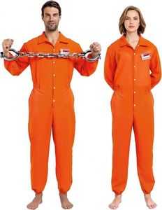 Combinaison de prisonnier orange pour homme et femme avec étiquette nominative, costumes d'Halloween pour adultes - Product Image 1
