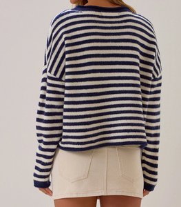 Fabricant de cardigan en tricot doux à rayures pour <span class=keywords><strong>femme</strong></span>, col rond, boutonné, épaules tombantes, coupe ample, manches longues, style court - Product Image 4