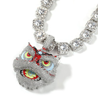 Nouveautés style ethnique : Collier tête de lion multicolore, pendentif créatif rétro danse du lion, hip-hop, en cuivre incrusté de zircon