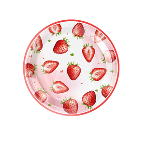 Ensemble d'assiettes en papier pour fête d'<span class=keywords><strong>anniversaire</strong></span> sur le thème des fraises, jetables, imprimées UV, style dessin animé, fournitures de fête pour enfants avec gobelets et serviettes - Product Image 1
