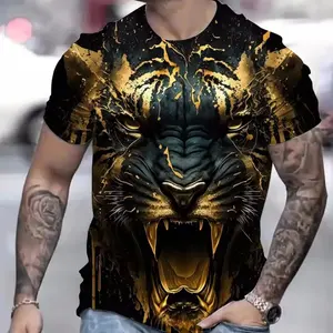 قميص رجالي بطباعة نمر ثلاثية الأبعاد، سريع الجفاف للصيف، بأكمام قصيرة، مصنوع من البوليستر/الرايون، قماش منسوج عادي، مقاس منتظم - Product Image 2