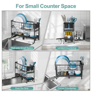 Escurridor de Platos <span class=keywords><strong>Estrecho</strong></span> y Expandible, Escurridor de Platos Compacto con Portautensilios, Escurridor de Platos Pequeño de 2 Niveles para Encimera de Cocina - Product Image 2
