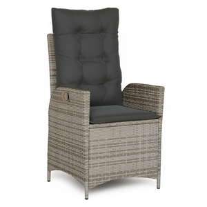 Sedia da giardino reclinabile in polyrattan grigio con cuscini, sedia da esterno contemporanea - Product Image 1