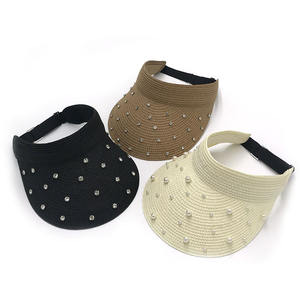 Femmes dames été extérieur protection solaire plage solide large bord pierres cristaux perles strass visière chapeau de paille chapeau de soleil - Product Image 1