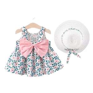 Vestido de tirantes con sombrero de paja y lazo grande con estampado floral pequeño para niñas, Colección Verano 2022, Ropa infantil, Vestidos para niñas - Product Image 1