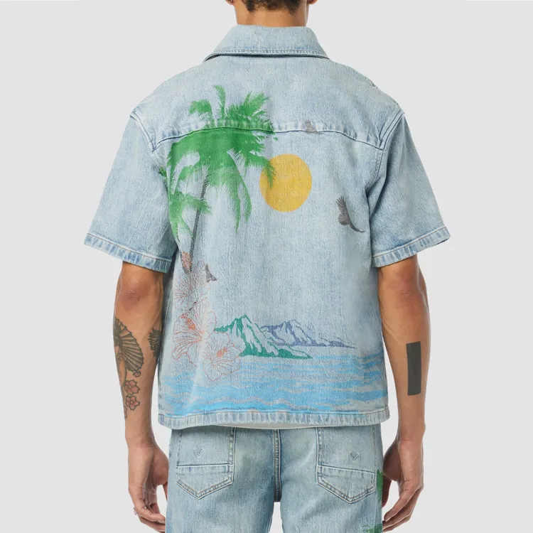 Mens denim printed shirts summer hawaii styles digital printed pattern single button up denim shirts