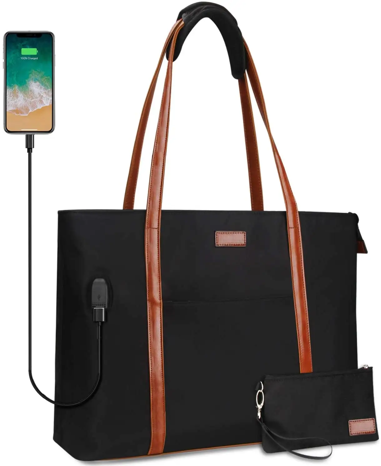 حقيبة قماش للسيدات حقائب يد جلدية محمول حمل حقيبة 15.6 "محمول محفظة المعلم حقيبة العمل مع USB للنساء