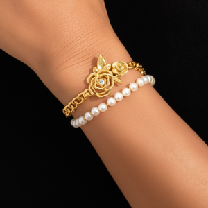 Bracelet à breloques tendance plaqué or en acier inoxydable 316L avec perles et motif rose - Product Image 3