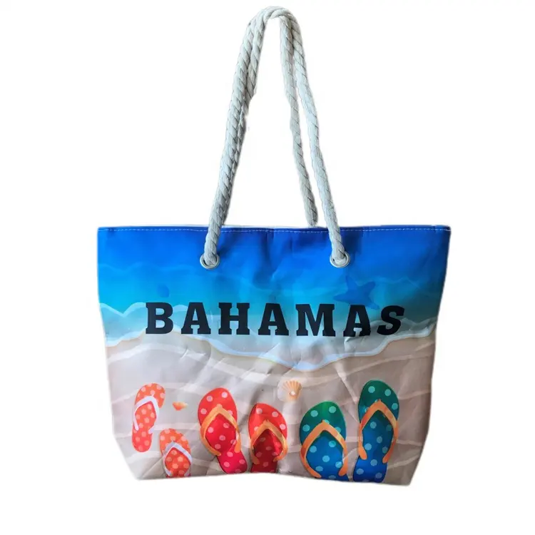 Toptan 600D dijital baskı plaj çantası özel LOGO mikro standart bahamalar terlik desen plaj serisi pamuk ipi çantası