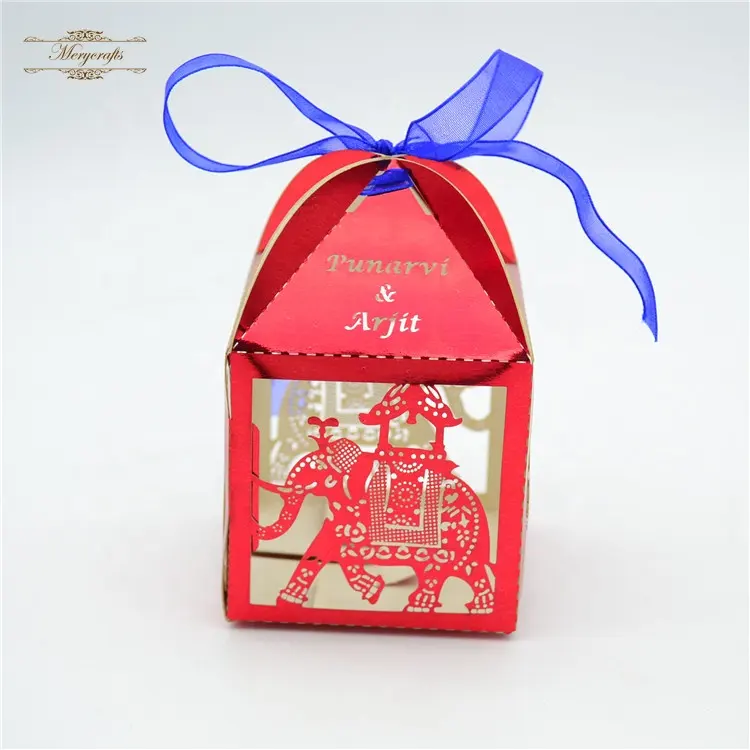 Красные Индийские Свадебные сувениры с лазерной резкой, милые коробки со слоном