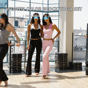 Women Color Block Scalloped Halter Yoga Set Built in Bra Crop and High Waist Flare <b>Leggings</b> for Pilates <b>Gym</b> Workout - Product Image 2