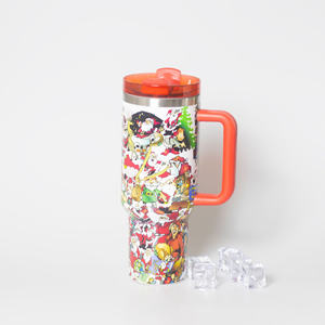 Mug de voyage isotherme en acier inoxydable avec poignée et paille, imprimé rouge et vert de Noël personnalisé, 40 oz - Product Image 5