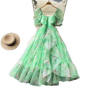 Robe longue décontractée d'été 2026 pour femme, col carré, taille haute, coupe trapèze, style vintage féerique français, à motifs floraux, manches bouffantes et volants, idéale pour les vacances - Product Image 1