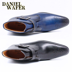 <span class=keywords><strong>Blu</strong></span> Nero di Alta Top Scarpe Fatte A Mano In Vera Pelle Monaco Della Cinghia Degli Uomini Stivali - Product Image 2