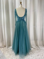 Robe de soirée bleu sarcelle perlée, col en V profond, manches longues avec broderie de cristaux lourds, robe de banquet de luxe coupe trapèze