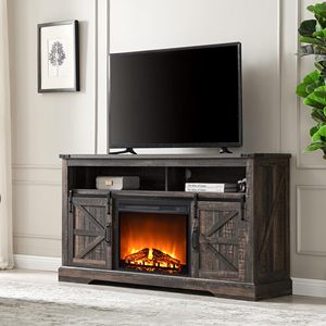 SENYU Meuble TV de salon avec foyer électrique, porte coulissante style grange, centre de divertissement en bois, insert de cheminée électrique, style ferme moderne - Product Image 1