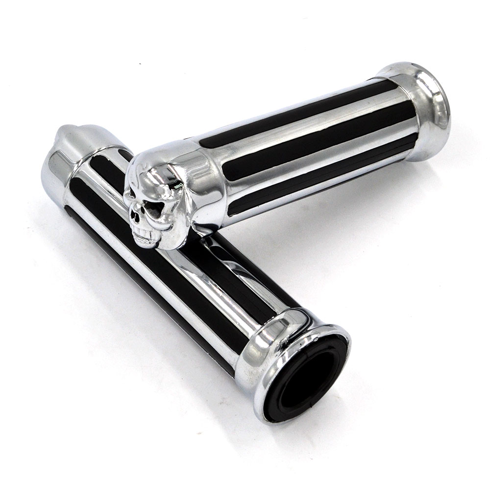 Aluminum Chrome Skull Head Rubber Motorcycle Grips For Magna