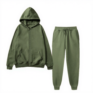 Conjunto Deportivo Unisex Verde con Capucha, Cierre de Cremallera, Color Sólido, Sudadera y Pantalones Casuales para Otoño - Product Image 1