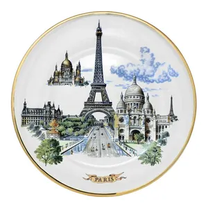 OEM ODM 에펠 탑 원형 기념품 파리 여행 디자인 주문 세라믹 도자기 프랑스 접시 기념품 골드 테두리