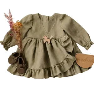 1 to 4 Year Toddler Girl Linen Organic Cotton Girls Dress Baby Birthday Dress with Ruffle
