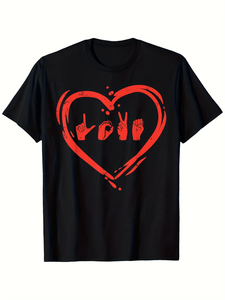 T-shirt in cotone con stampa di un cuore che esprime un gesto della mano, regalo di San Valentino per non udenti e non parlanti, in lingua dei segni (ASL), 100% morbido e confortevole da indossare. - Product Image 1