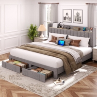 Lit rembourré sur mesure avec tête de lit à clous, port USB, étagère de rangement et base à tiroirs pour mobilier de chambre moderne