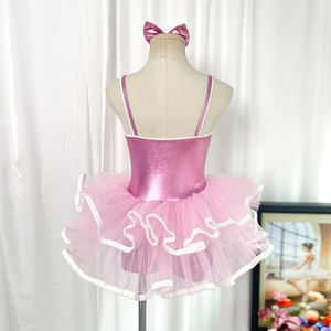 Traje de Danza Jazz Metálico Rosa para Niñas, Falda de Tul en Capas con Lazo para el Cabello a Juego, para Actuaciones de Ballet y Danza Escénica - Product Image 4