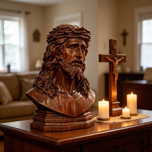 Busto de Jesús en Madera Maciza con Corona de Espinas, Escultura Religiosa Católica Cristiana, Decoración para el Hogar, Capilla o Altar, BGRS0045 - Product Image 2