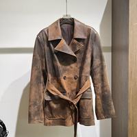 Veste en cuir pour femme style britannique, en peau de mouton, vintage, effet vieilli, givré, double boutonnage, taille cintrée, directement de l'usine